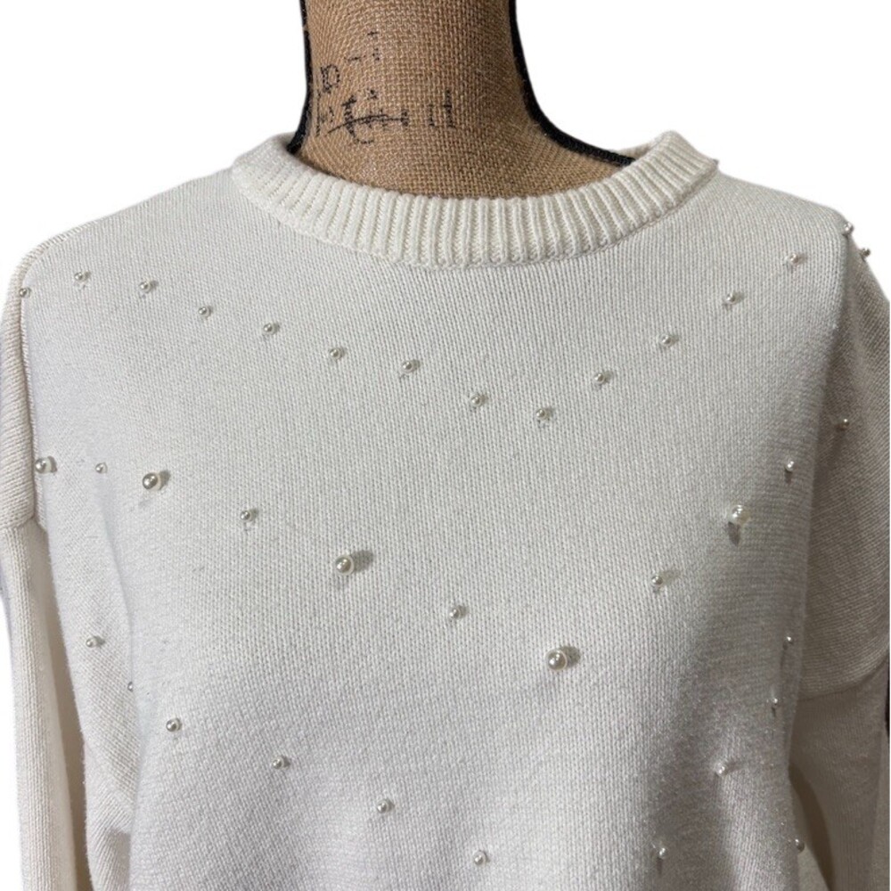 Express Sweater Womens XL Ivory Faux Pearl Embellished Crew Neck Oversized - Picture 2 of 7